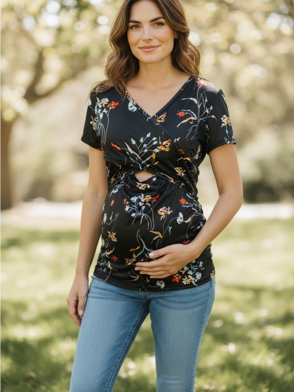 Black Floral Maternity Nursing Tee with Twist-Front